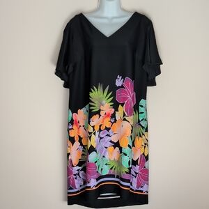 Joseph Ribkoff Tropical Print V-Neck Flutter Sleeve Straight Dress 18/XL